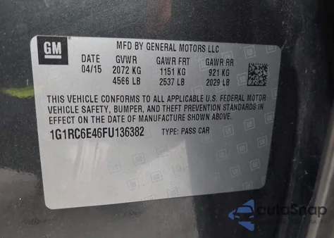 2015 Chevrolet Volt из США, поврежденный, VIN 1G1RC6E46FU136382